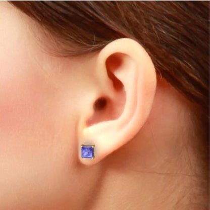 2 Ct Tanzanite Princess Cut Stud Earrings 14Kt Yellow Gold
