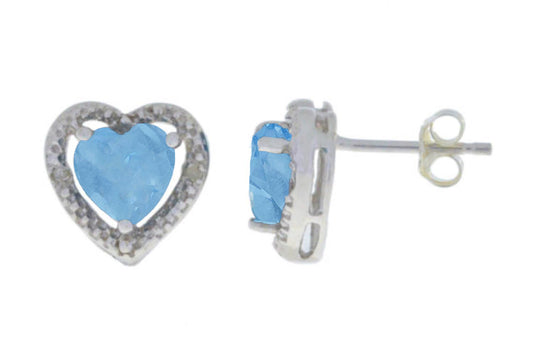 2 Ct Blue Topaz & Diamond Heart Stud Earrings .925 Sterling Silver