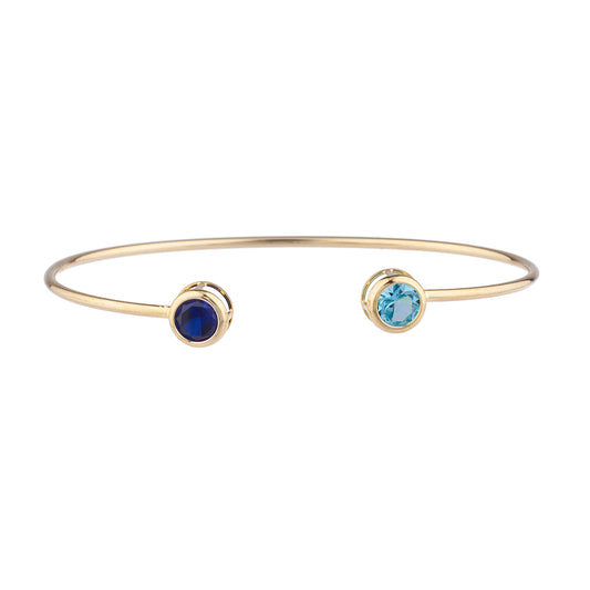 Created Blue Sapphire & Blue Topaz Round Bezel Bangle Bracelet 14Kt Yellow Gold Plated Over .925 Sterling Silver