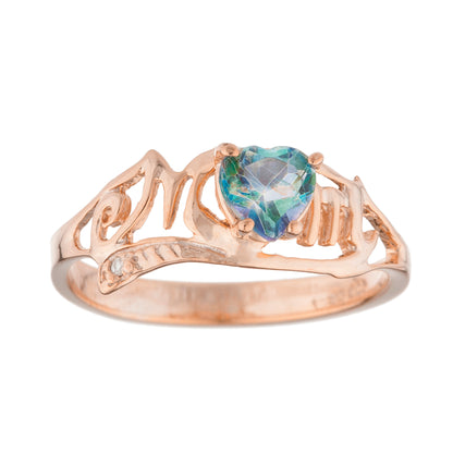 14Kt Gold Natural Blue Mystic Topaz & Diamond Heart Mom Ring