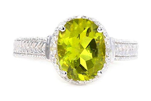 3 Ct Peridot & Diamond Oval Ring .925 Sterling Silver Rhodium Finish