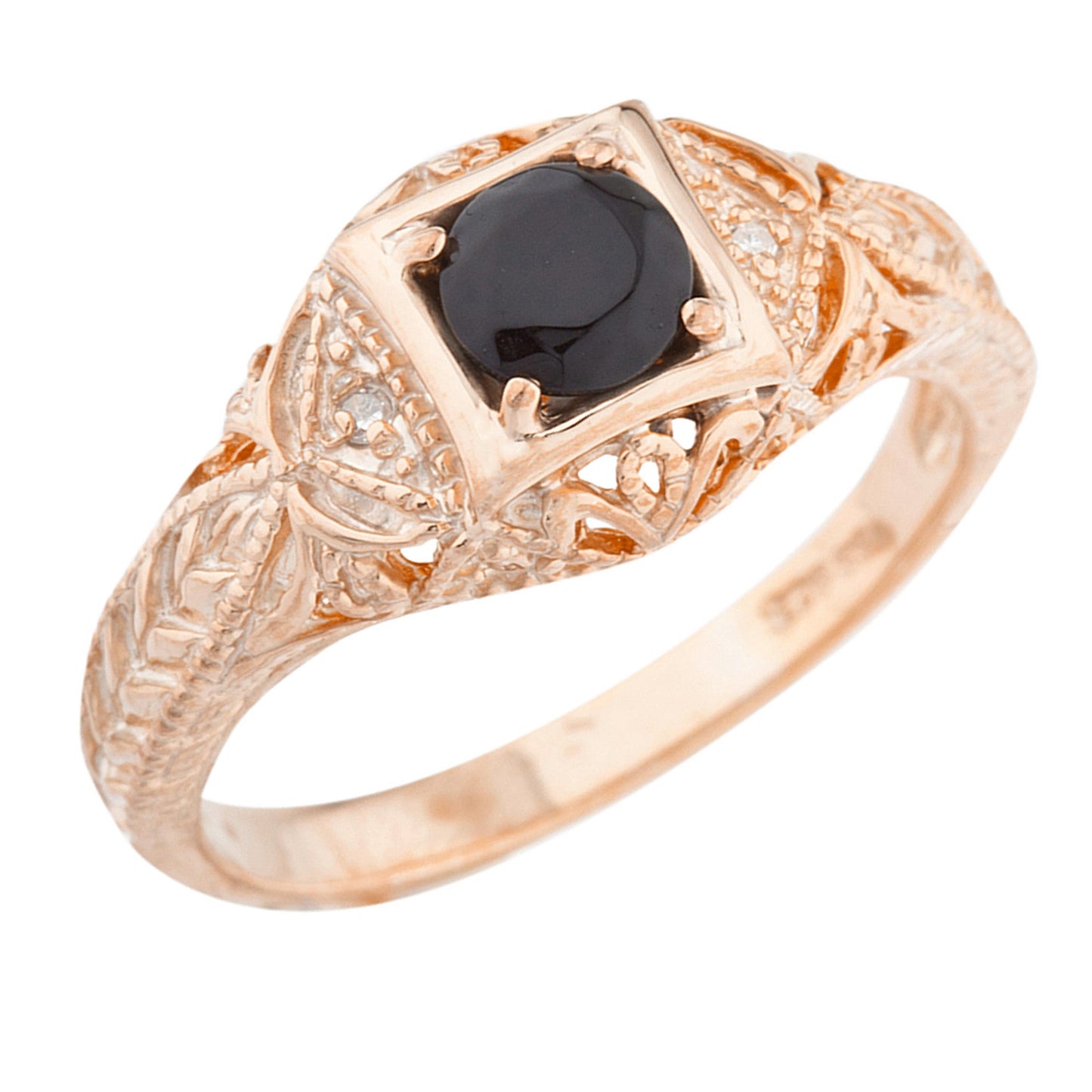 14Kt Gold Genuine Black Onyx & Diamond Design Round Ring