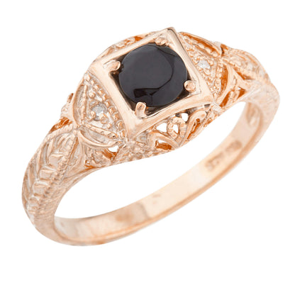 14Kt Gold Genuine Black Onyx & Diamond Design Round Ring