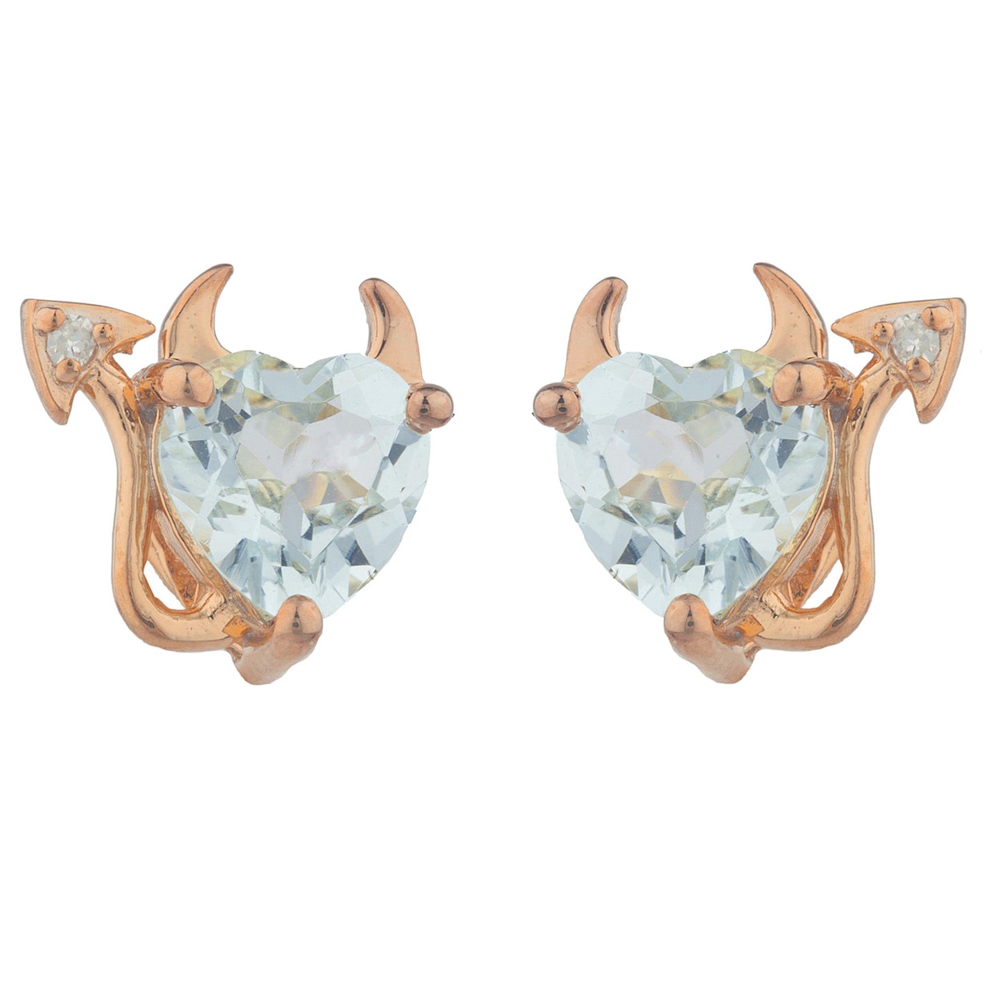 14Kt Gold Genuine Aquamarine & Diamond Devil Heart Stud Earrings