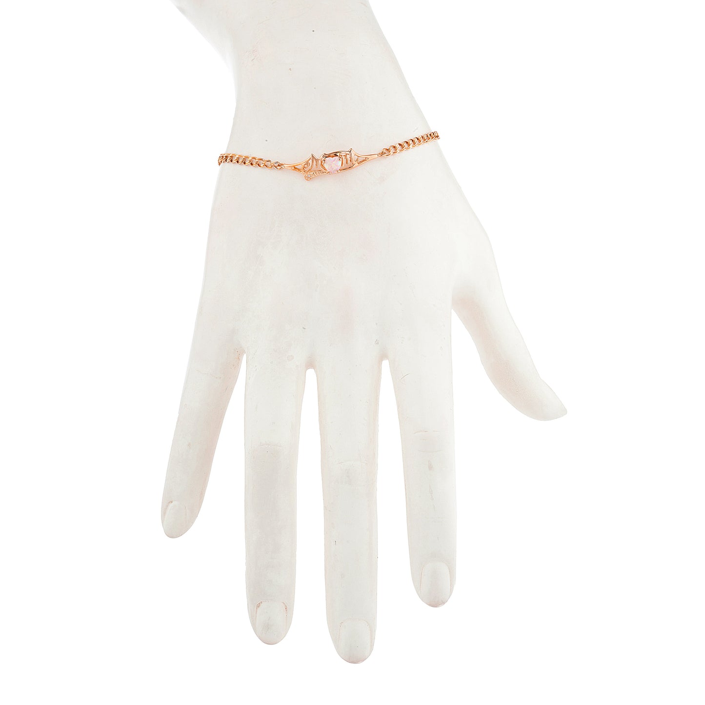 Pink Opal & Diamond Heart Mom Bracelet 14Kt Rose Gold Plated Over .925 Sterling Silver