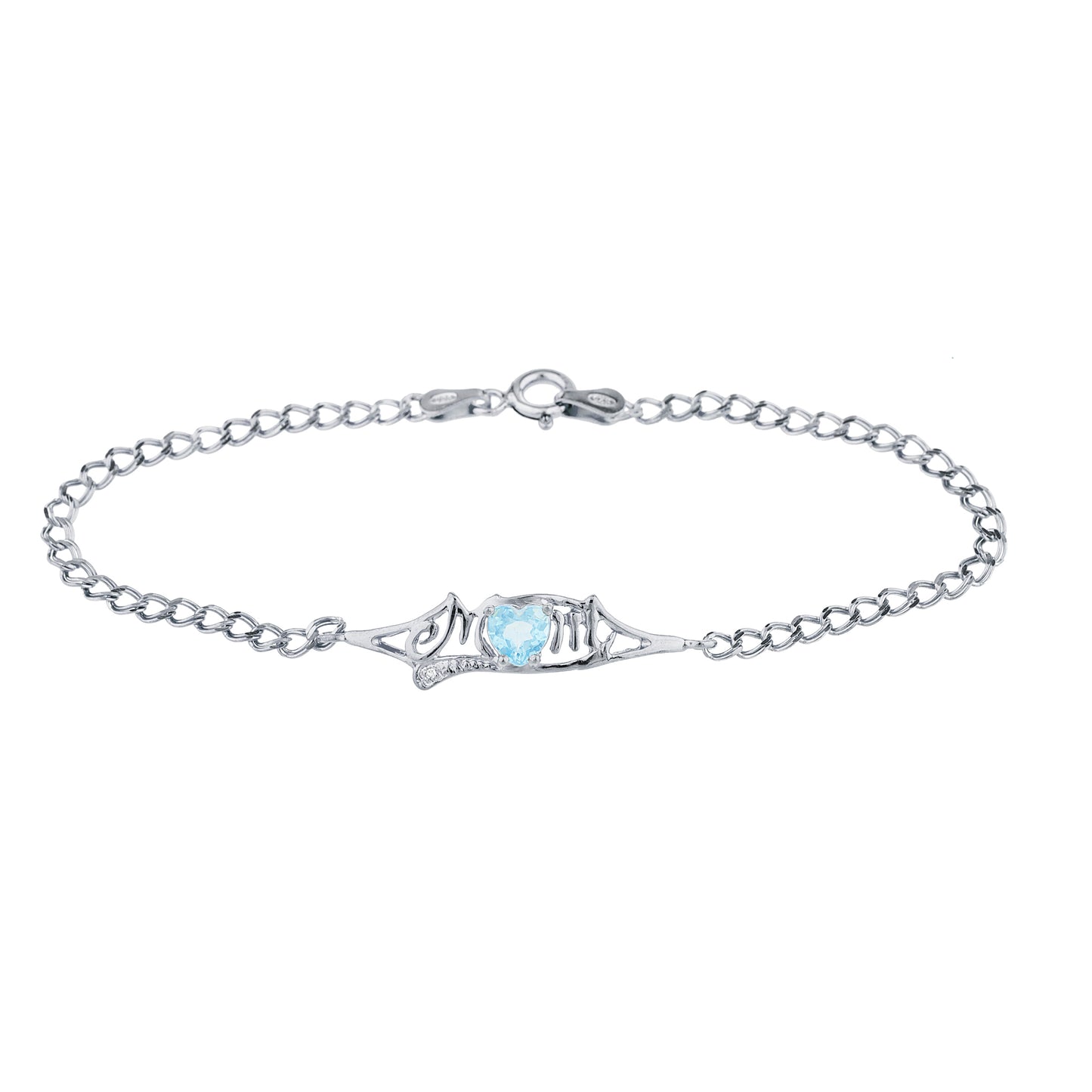 Blue Topaz & Diamond Heart Mom Bracelet .925 Sterling Silver