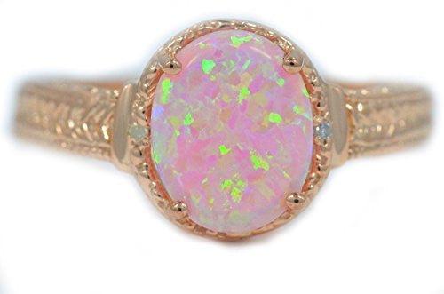 10x8mm Pink Opal & Diamond Oval Ring Sterling Silver 14Kt Rose Gold Plated