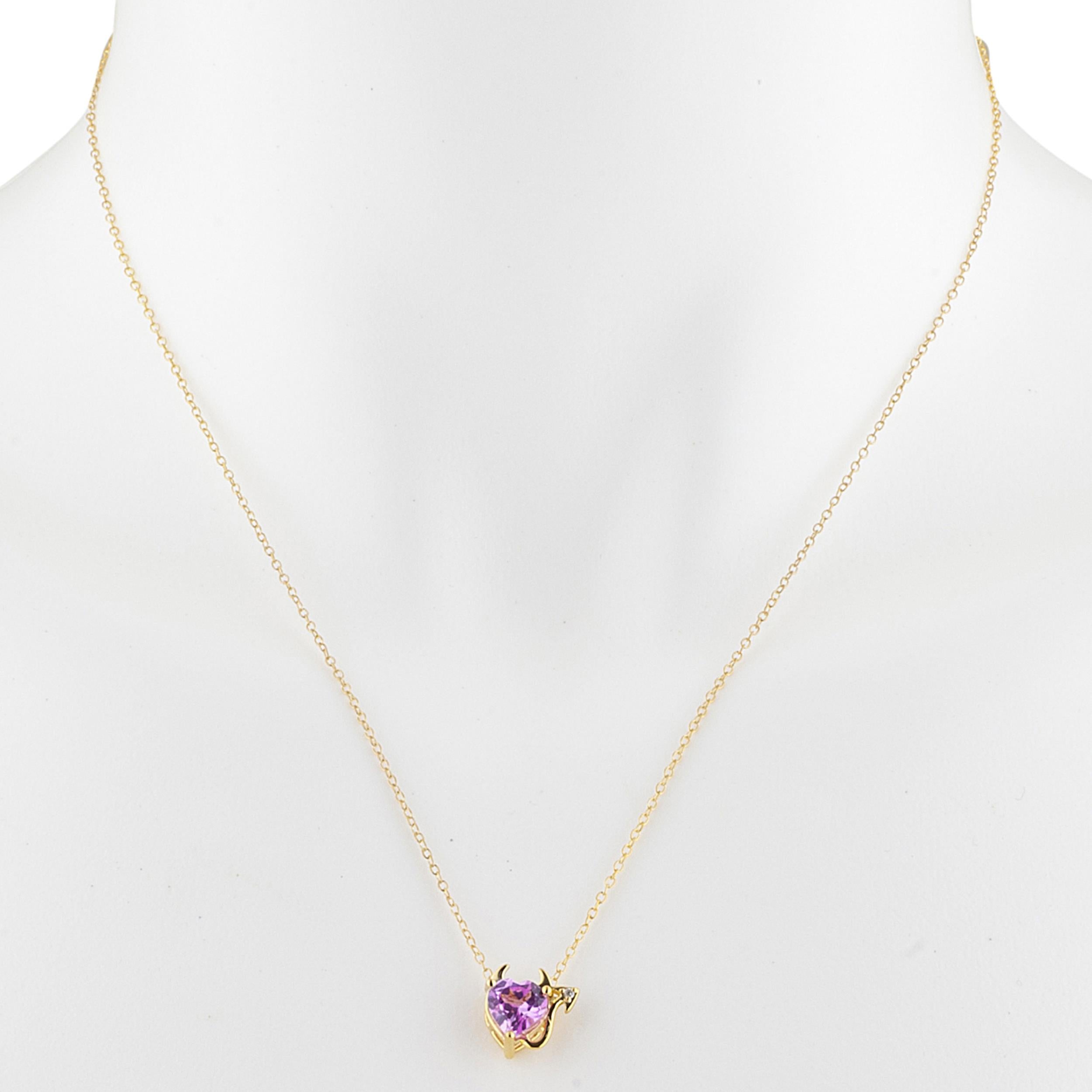 14Kt Gold 1.5 Ct Pink Sapphire & Diamond Devil Heart Pendant Necklace