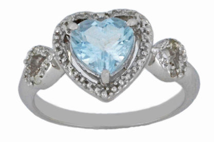 1.5 Ct Genuine Aquamarine & Diamond Heart Ring .925 Sterling Silver Rhodium Finish