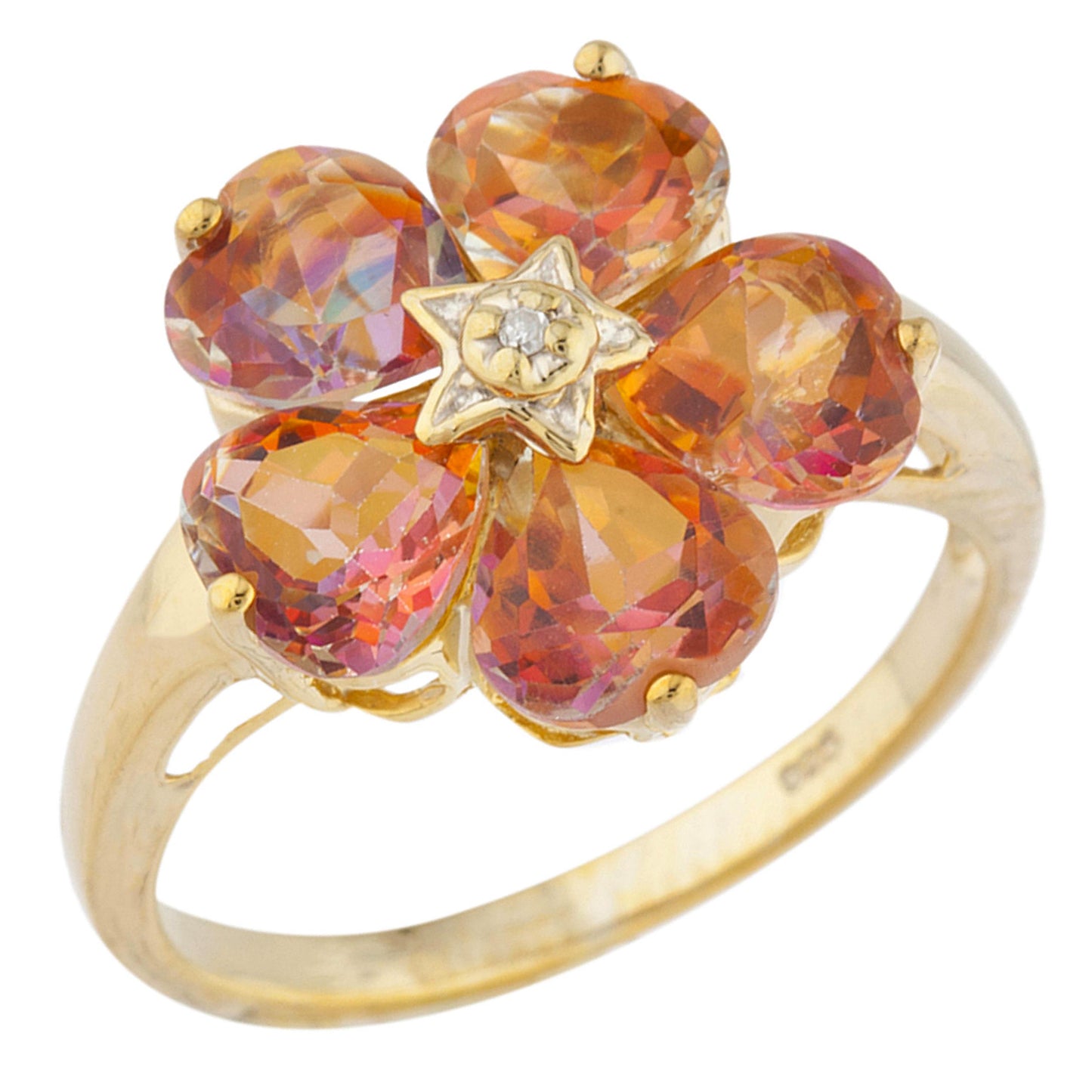 14Kt Gold Natural Ecstasy Mystic Topaz & Diamond Heart Flower Design Ring