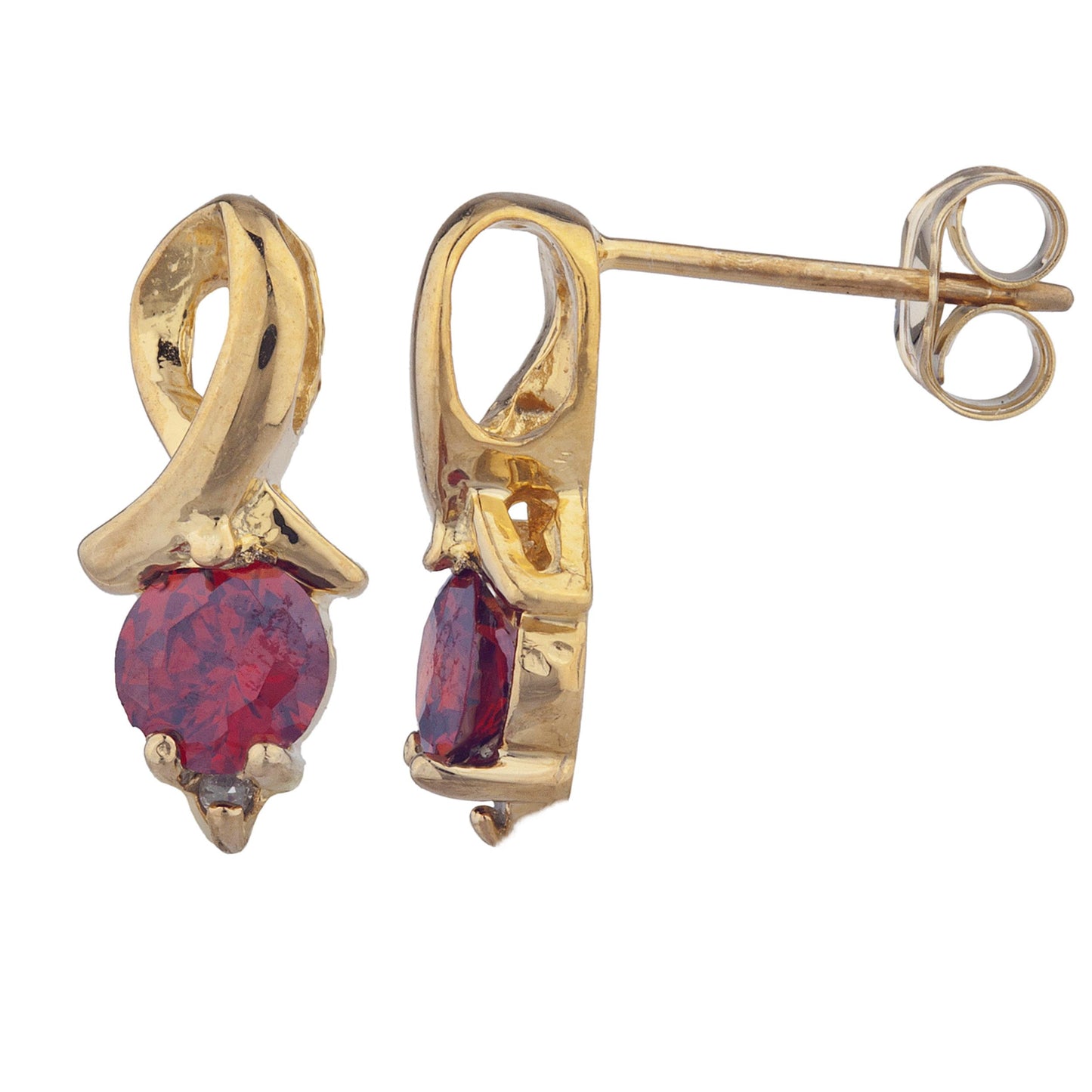 14Kt Yellow Gold Plated Garnet & Diamond Round Design Stud Earrings