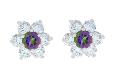 3 Ct Genuine Mystic Topaz & White Topaz Stud Earrings .925 Sterling Silver