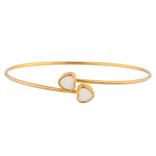 14Kt Yellow Gold Plated Genuine Opal Heart Bezel Bangle Bracelet