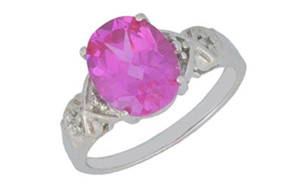 3 Ct Pink Sapphire & Diamond Oval Ring .925 Sterling Silver Rhodium Finish