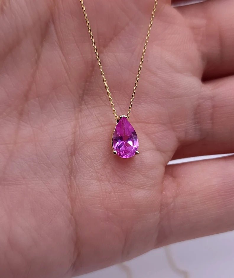 14Kt Gold Pink Sapphire Teardrop Necklace Pendant