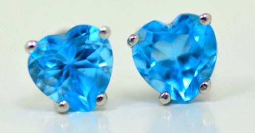 2 Carat Blue Topaz Heart Stud Earrings .925 Sterling Silver