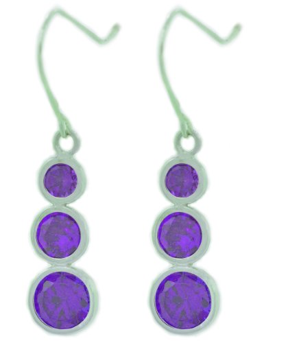 3 Bezel Amethyst Dangle Earrings .925 Sterling Silver