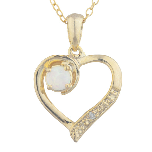 14Kt Yellow Gold Plated Genuine Opal & Diamond Heart Pendant