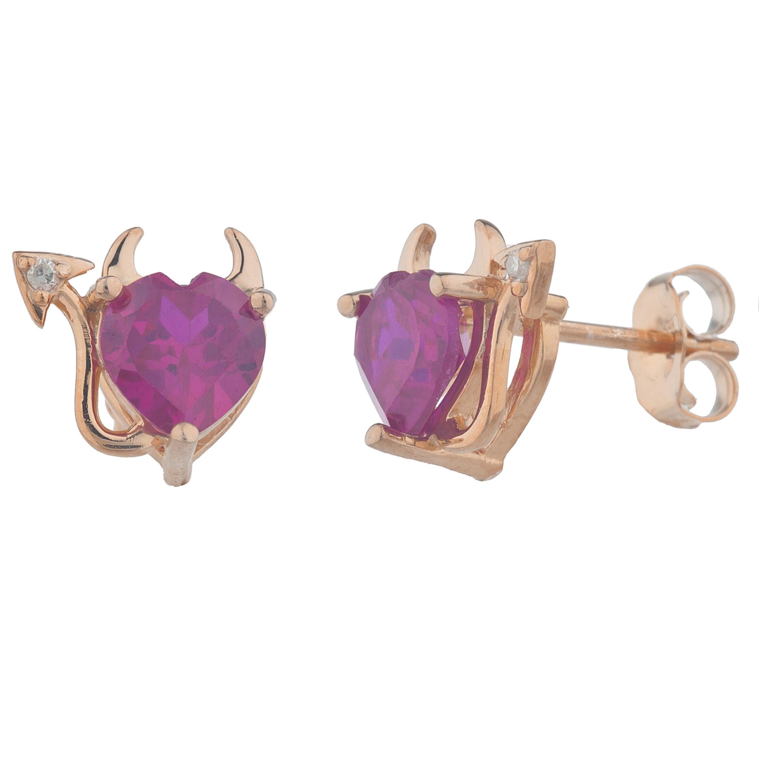 14Kt Gold Created Ruby & Diamond Devil Heart Stud Earrings