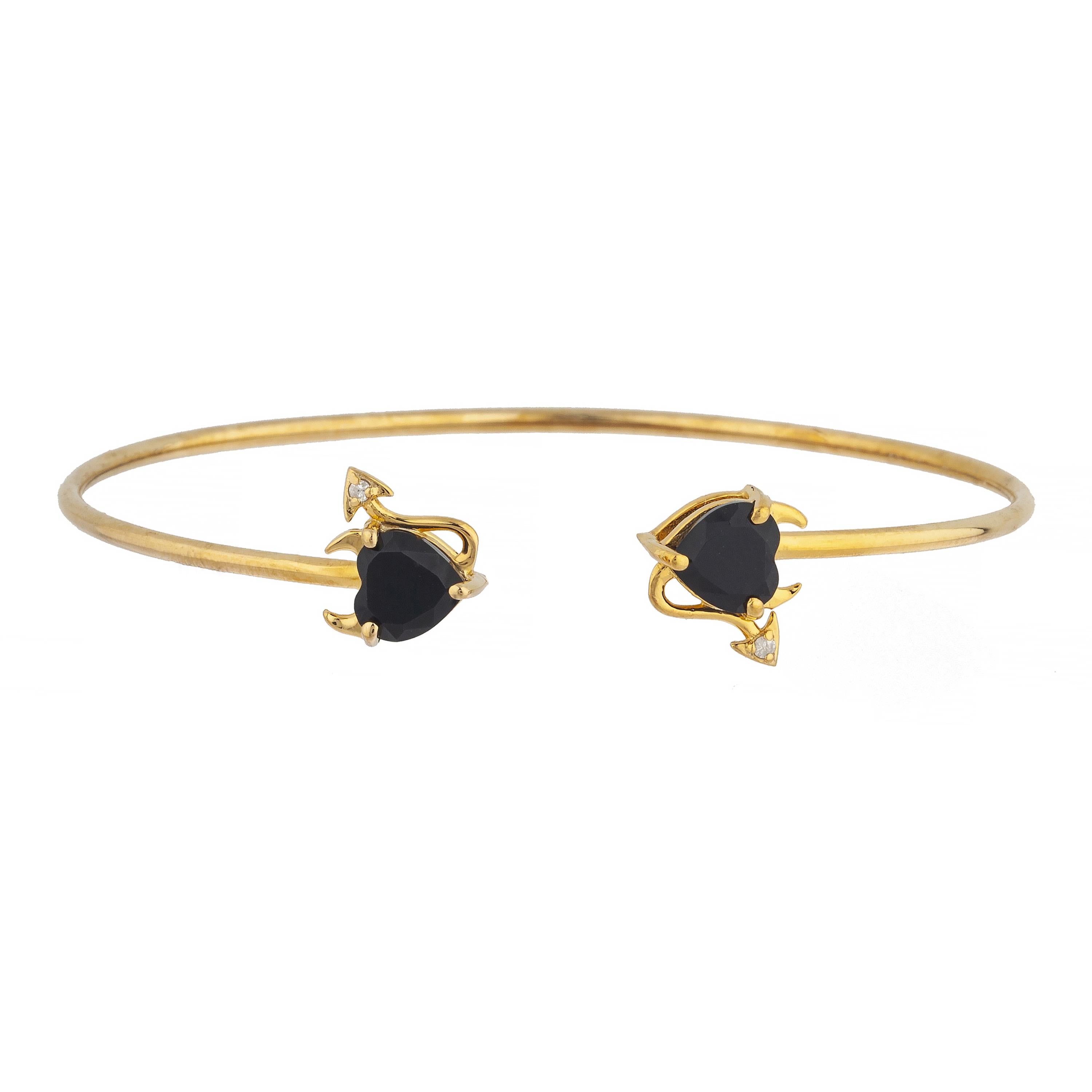 Genuine Black Onyx & Diamond Devil Heart Bangle Bracelet 14Kt Yellow Gold Rose Gold Silver