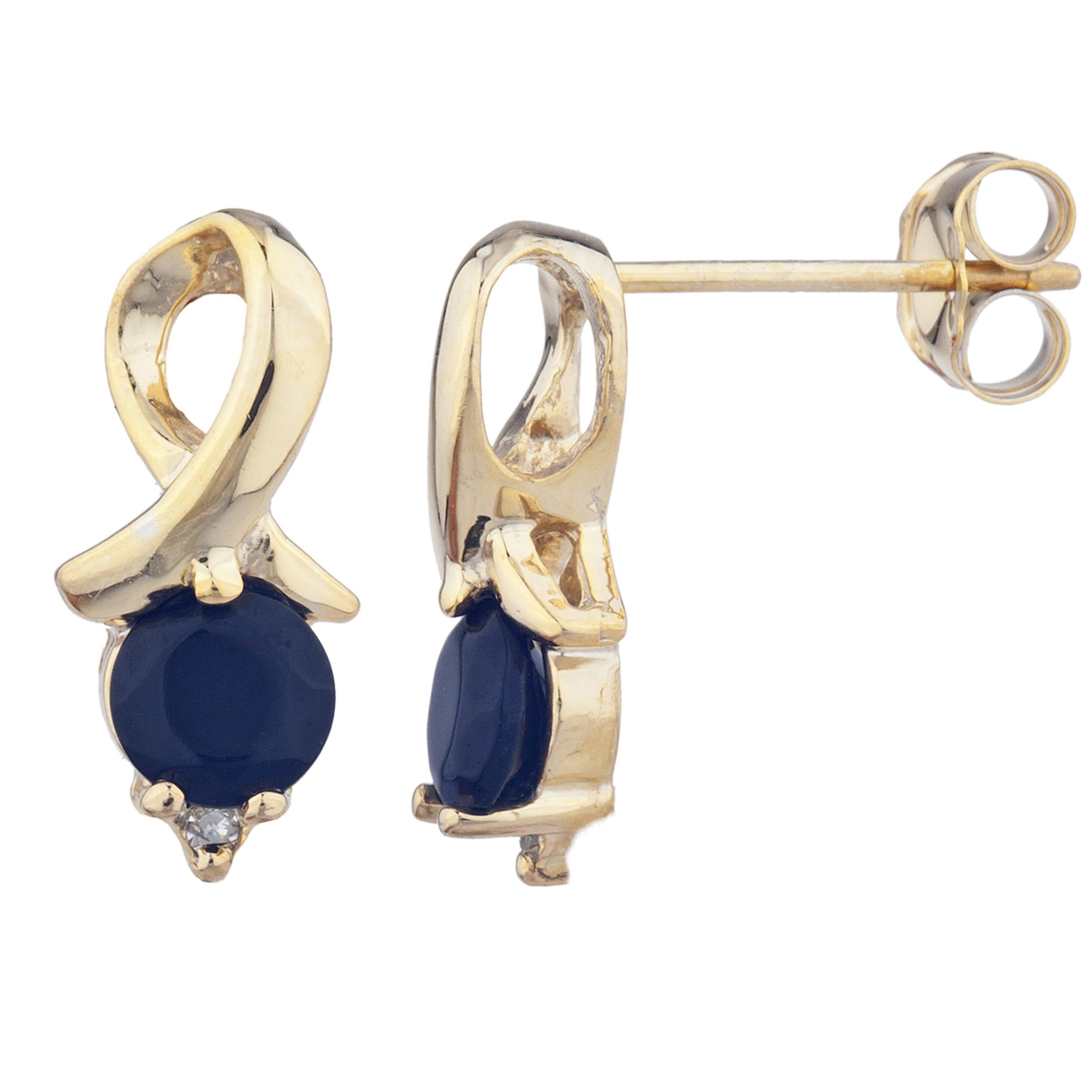 14Kt Gold Genuine Black Onyx & Diamond Round Design Stud Earrings