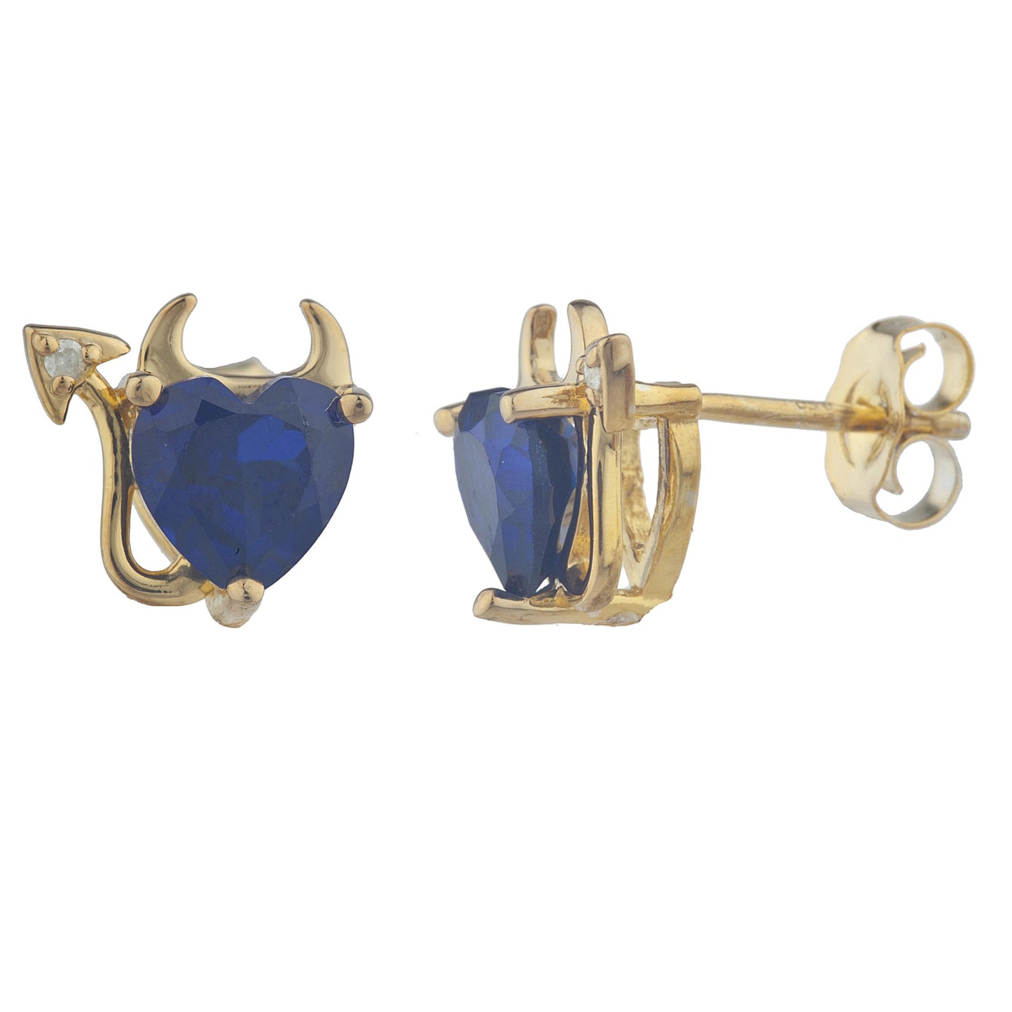 14Kt Gold Blue Sapphire & Diamond Devil Heart Stud Earrings