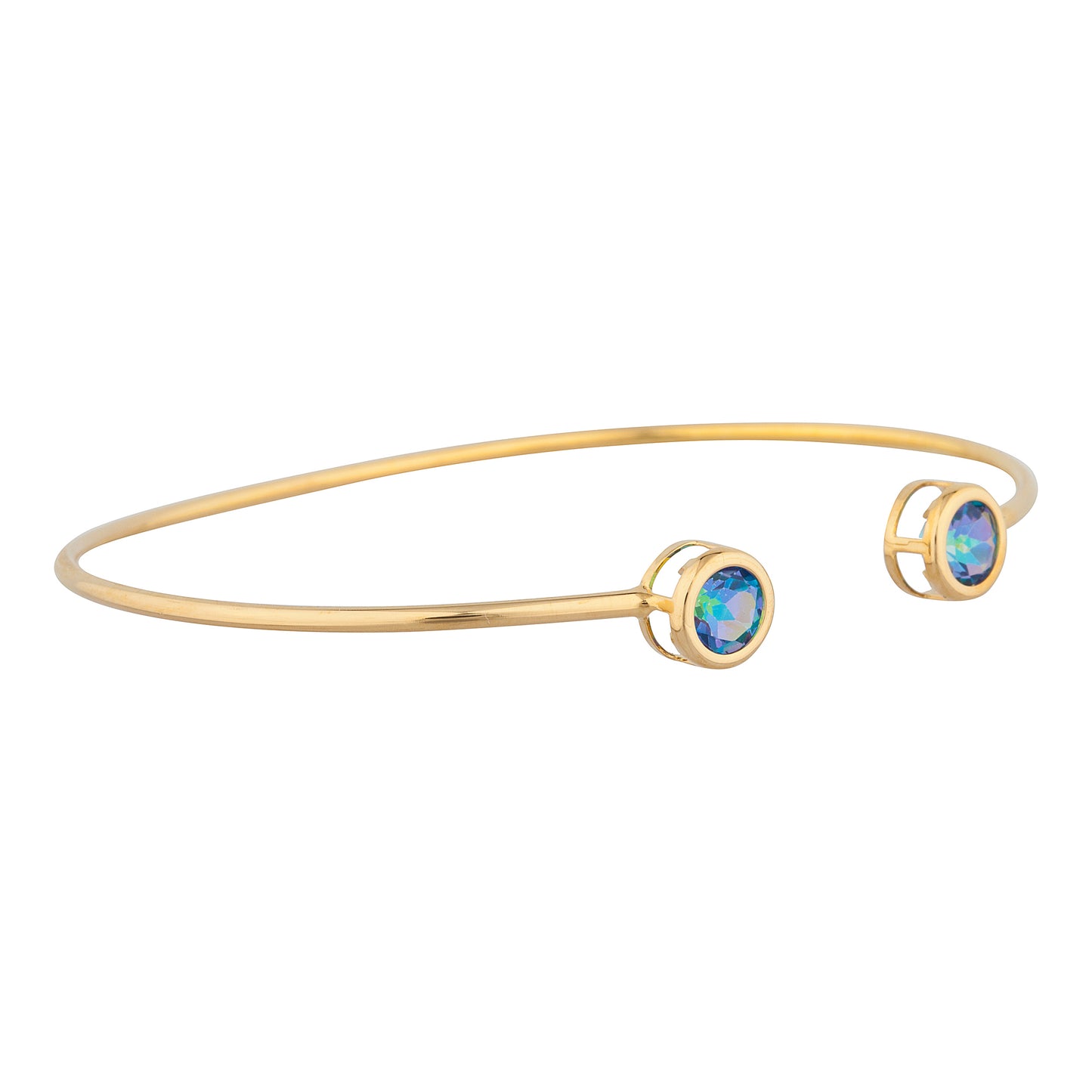 14Kt Yellow Gold Plated Natural Blue Mystic Topaz Round Bezel Bangle Bracelet