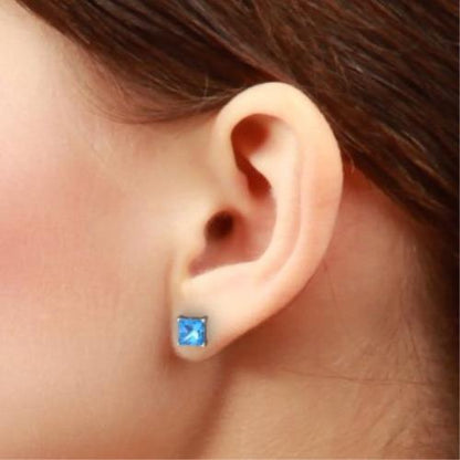 2 Ct Blue Topaz Princess Cut Stud Earrings 14Kt White Gold