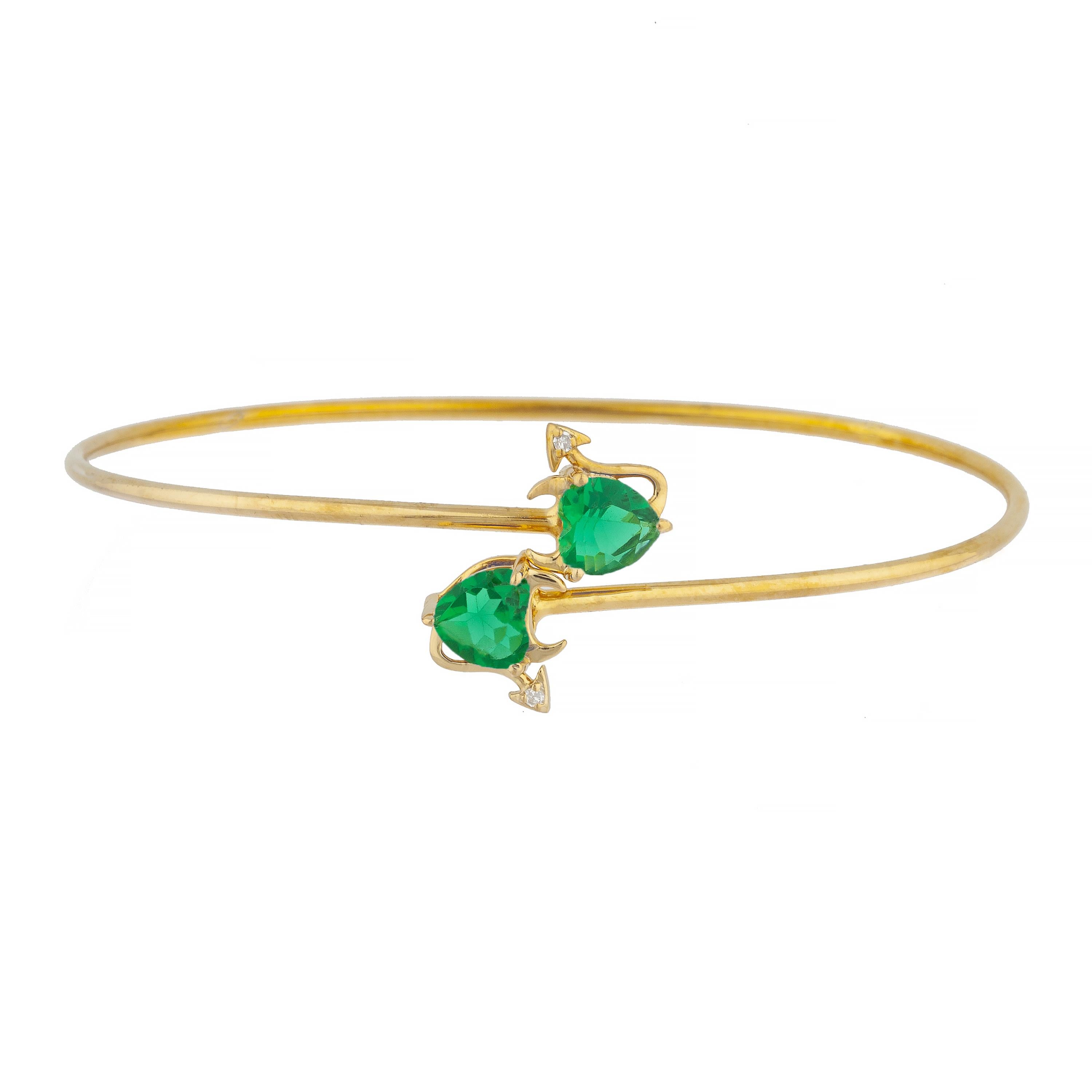 14Kt Gold Emerald & Diamond Devil Heart Bangle Bracelet