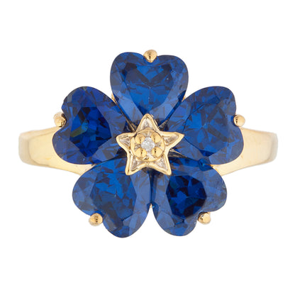 14Kt Gold Blue Sapphire & Diamond Heart Flower Design Ring