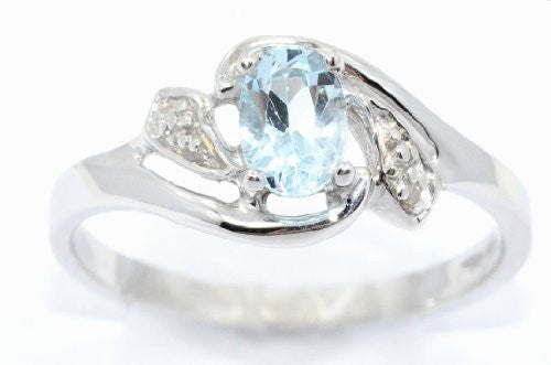 0.50 Ct Genuine Aquamarine & Diamond Oval Ring .925 Sterling Silver Rhodium Finish