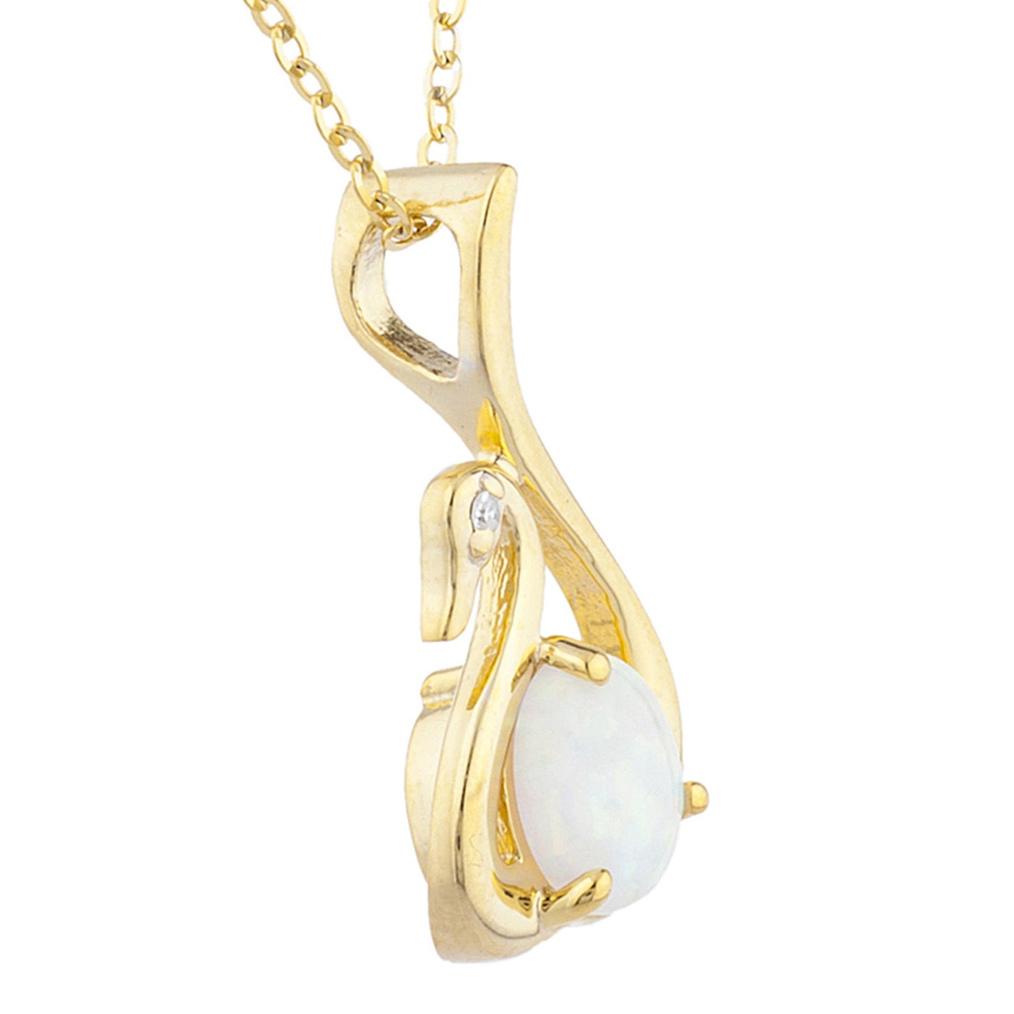 14Kt Yellow Gold Plated Genuine Opal & Diamond Swan Pendant