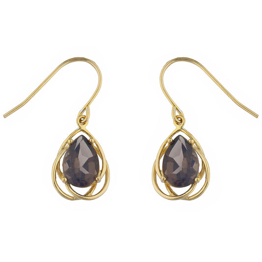 14Kt Gold 4 Ct Genuine Smoky Topaz Pear Teardrop Design Dangle Earrings