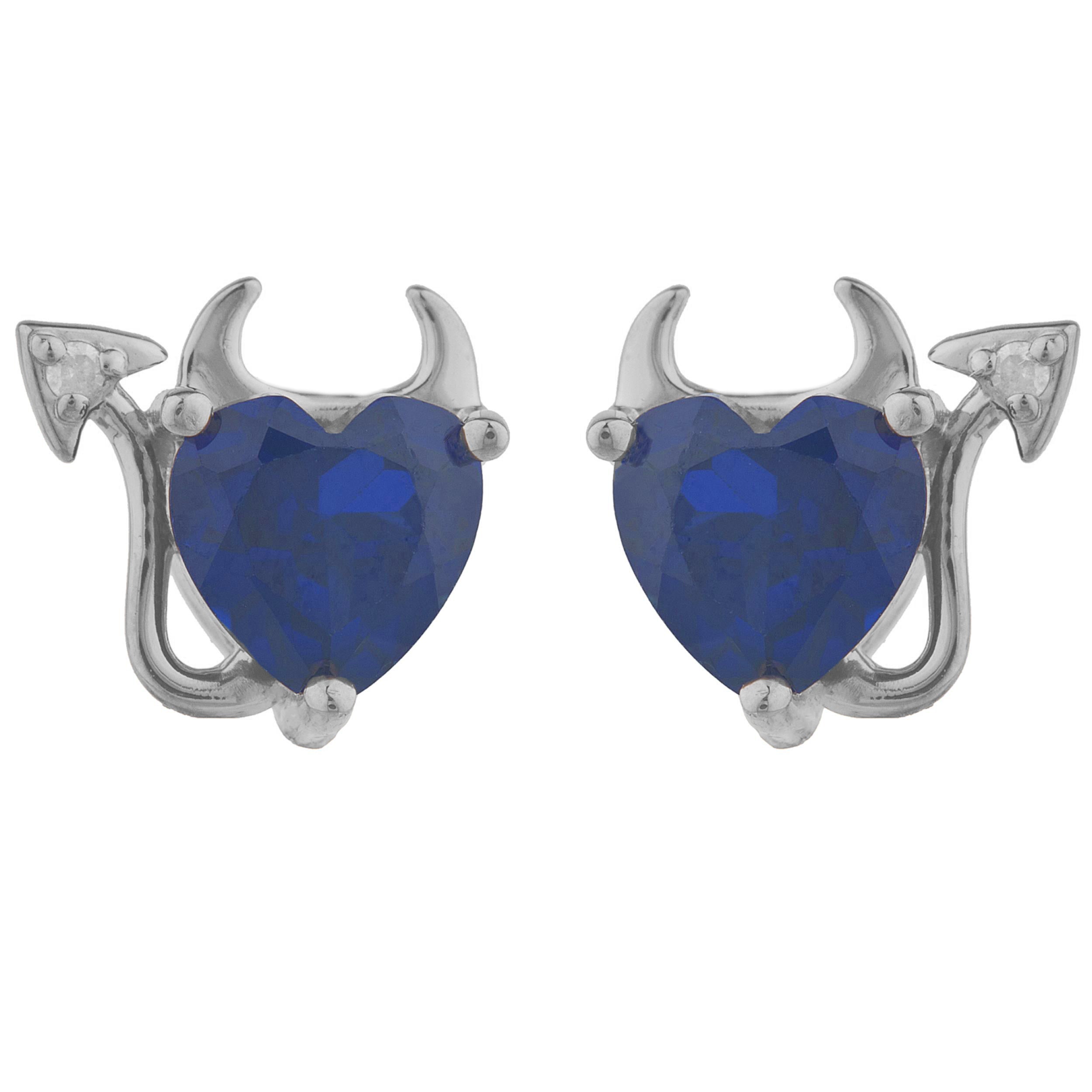 14Kt Gold Blue Sapphire & Diamond Devil Heart Stud Earrings
