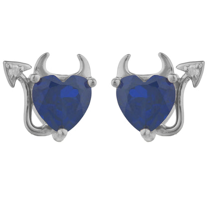 14Kt Gold Blue Sapphire & Diamond Devil Heart Stud Earrings