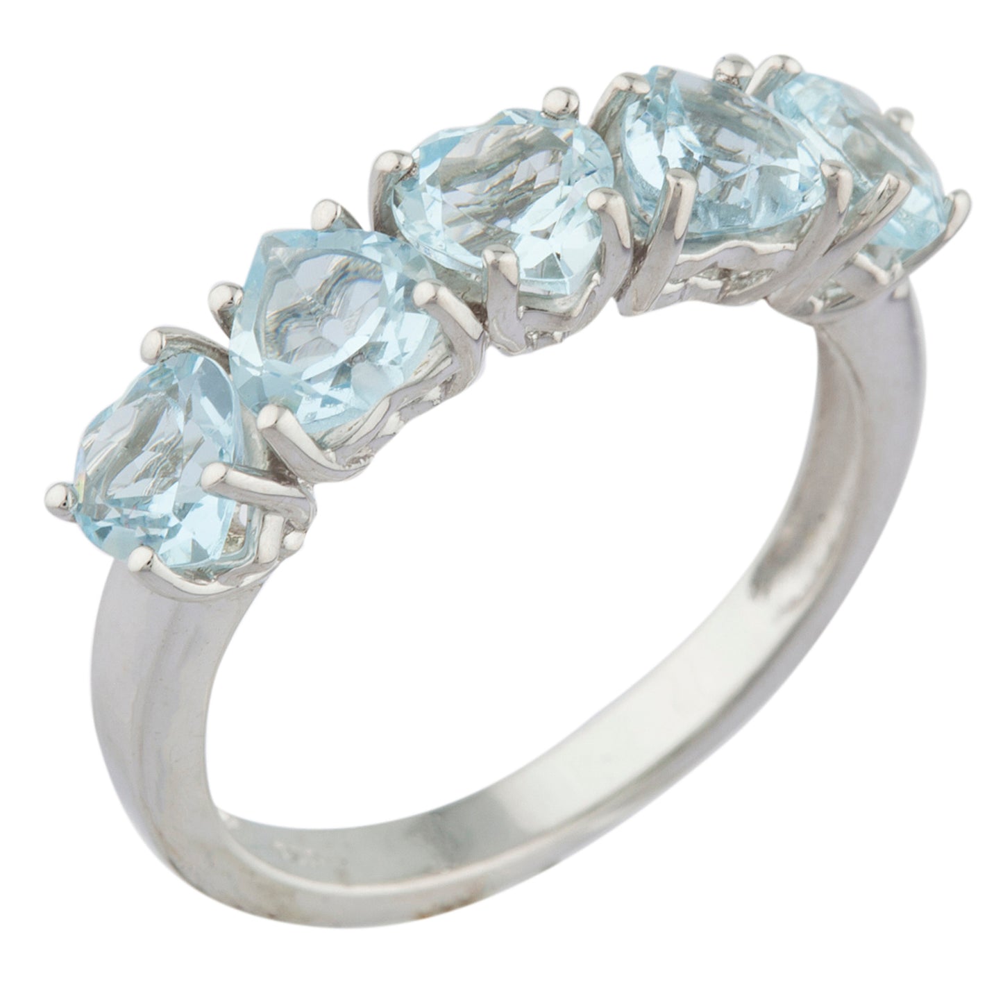 5 Hearts Genuine Aquamarine Heart Ring .925 Sterling Silver Rhodium Finish