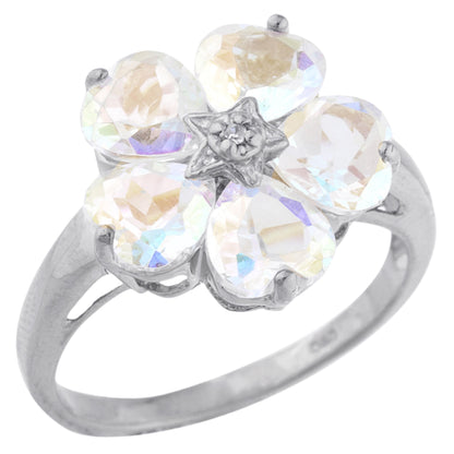 14Kt Gold Natural Mercury Mist Mystic Topaz & Diamond Heart Flower Design Ring