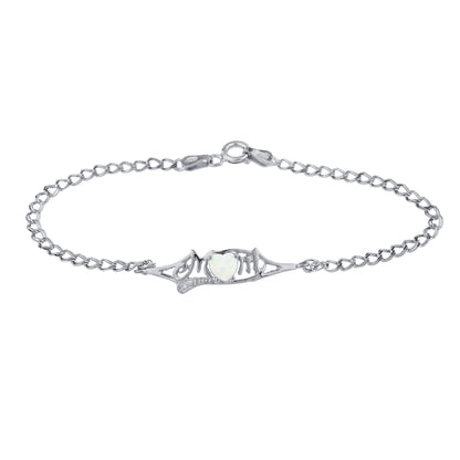 Opal & Diamond Heart Mom Bracelet .925 Sterling Silver