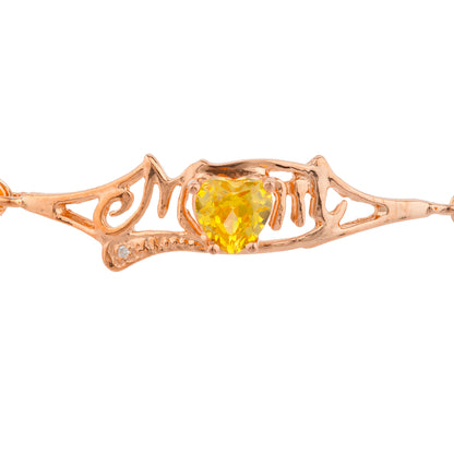 Yellow Citrine & Diamond Heart Mom Bracelet 14Kt Rose Gold Plated Over .925 Sterling Silver