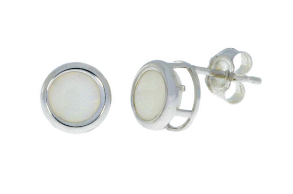 14Kt White Gold Genuine Opal Bezel Round Stud Earrings