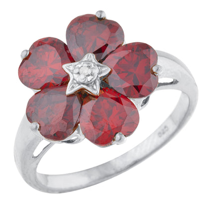 14Kt Gold Garnet & Diamond Heart Flower Design Ring