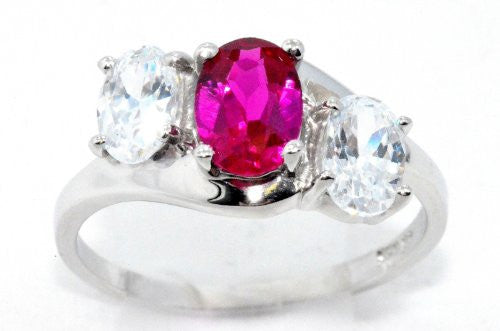 2 Ct Created Ruby & Zirconia Oval Ring .925 Sterling Silver Rhodium Finish