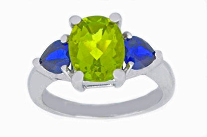 4 Ct Peridot Oval & Blue Sapphire Heart Ring .925 Sterling Silver Rhodium Finish