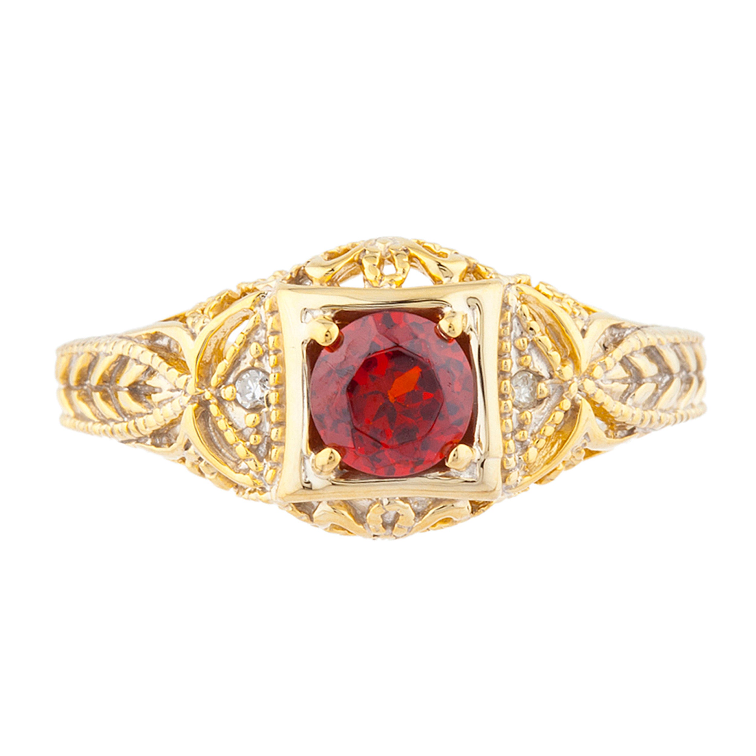 14Kt Gold Garnet & Diamond Design Round Ring