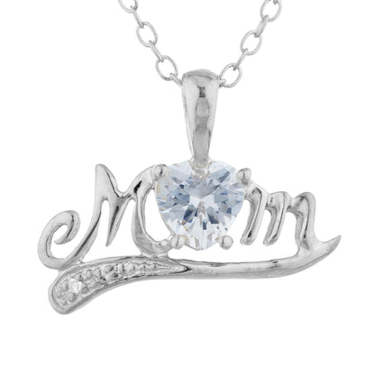 0.50 Ct Zirconia & Diamond Heart Mom Pendant .925 Sterling Silver