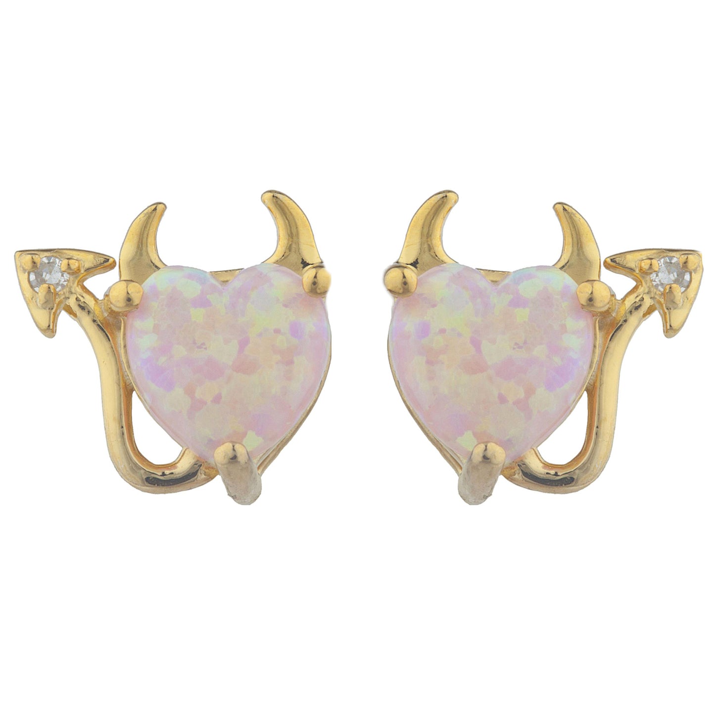 14Kt Gold Pink Opal & Diamond Devil Heart Stud Earrings