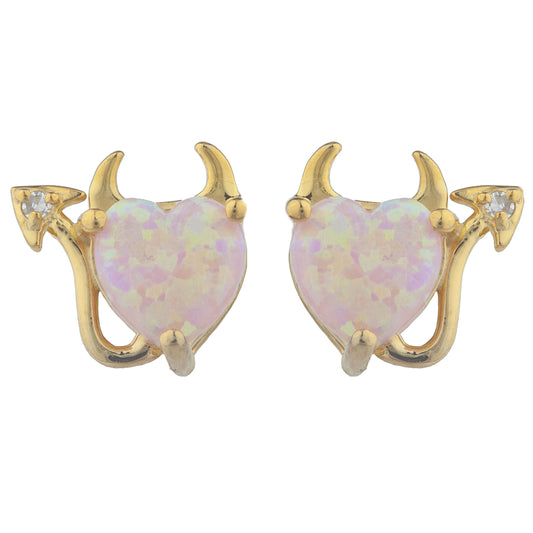 14Kt Gold Pink Opal & Diamond Devil Heart Stud Earrings