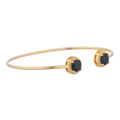 14Kt Yellow Gold Plated Genuine Black Onyx & Diamond Round Bangle Bracelet