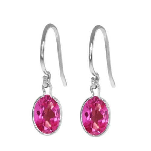 2 Ct Pink Sapphire Oval Bezel Dangle Earrings .925 Sterling Silver