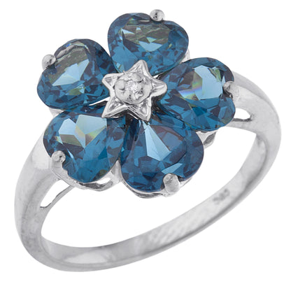 14Kt Gold London Blue Topaz & Diamond Heart Flower Design Ring